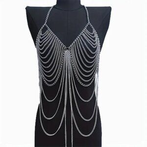 Sexy Silvery Tassel Chest Bra Body Chain Lingerie